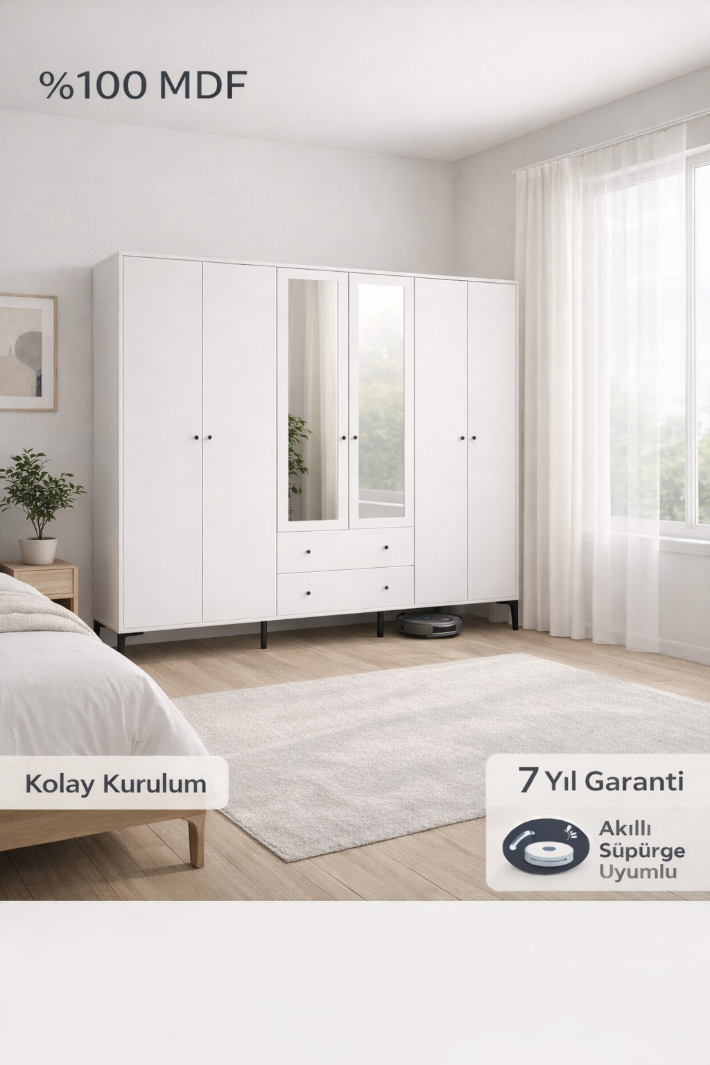FOCUS 6 KAPILI AYNALI DOLAP/GARDIROP BEYAZ (%100MDF)  