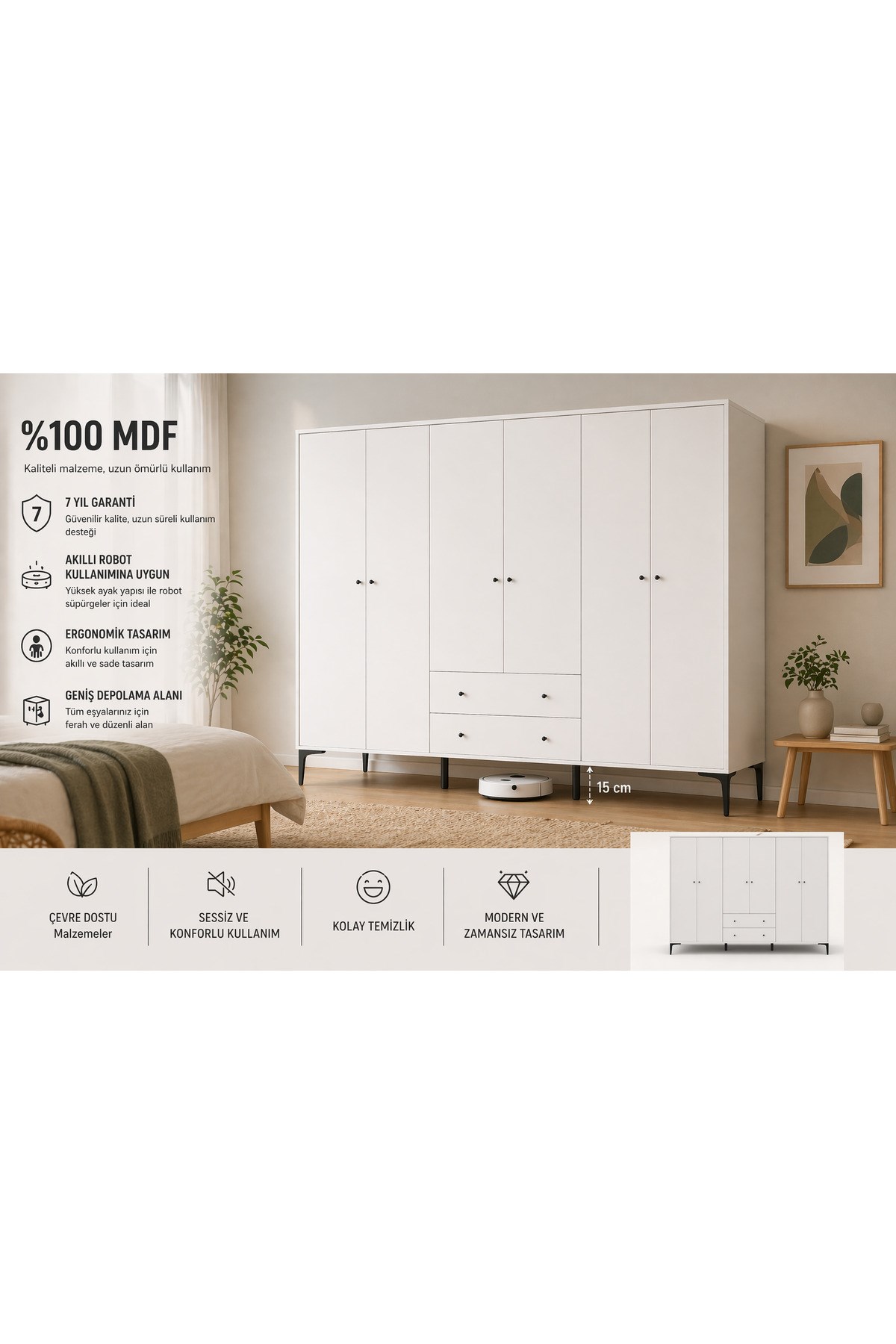 Focus 6 Kapılı,2 Çekmeceli,10 Raf Bölmeli Gardırop/ Dolap R: Meşe (%100MDF)