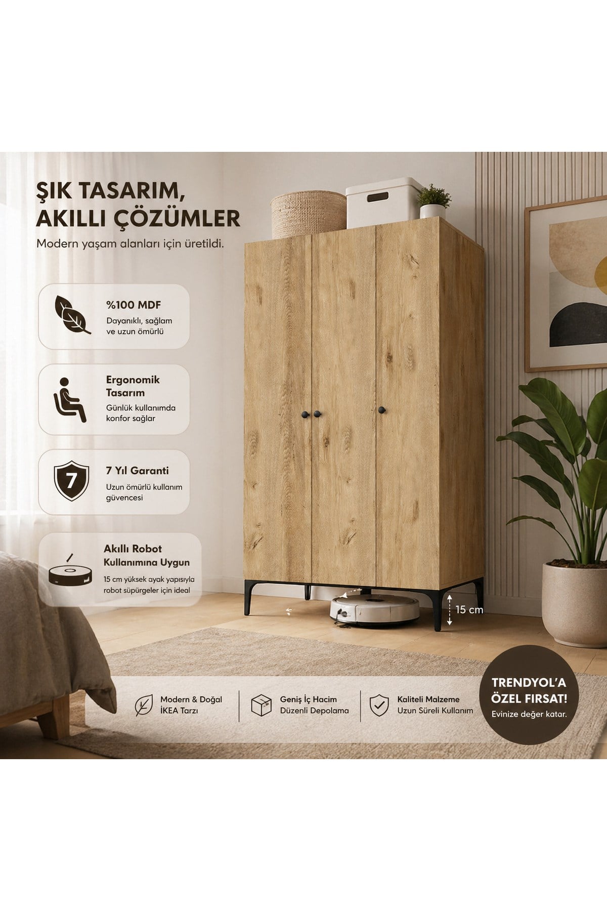 FREE 3 KAPAKLI,6 RAFLI, 1 ASKILI DOLAP/GARDIROP (%100MDF)