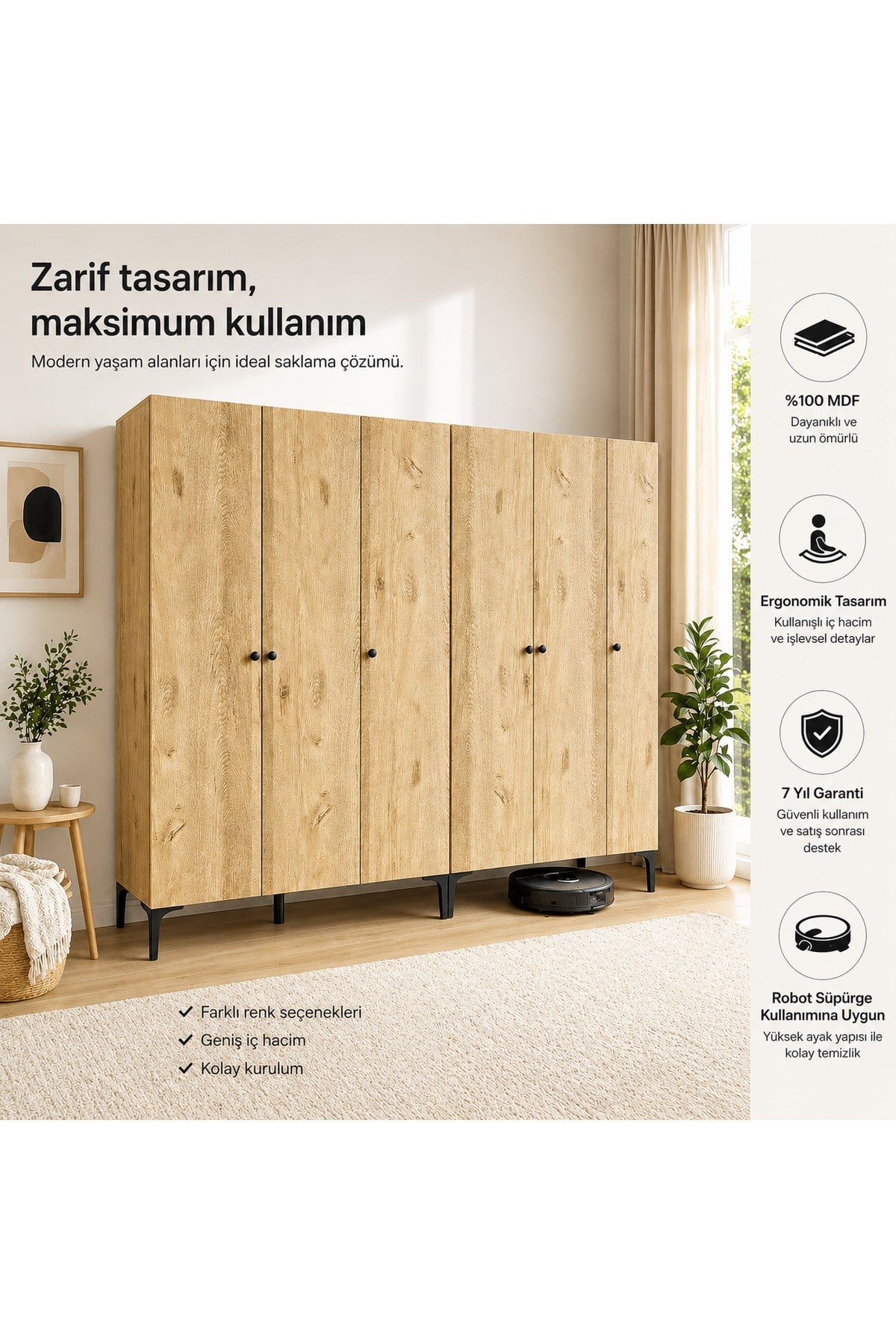 FREE 6 KAPAKLI,12 RAFLI 2 ASKILI AYRI MODÜL KULLANIMINA UYGUN DOLAP/GARDIROP (%100MDF)