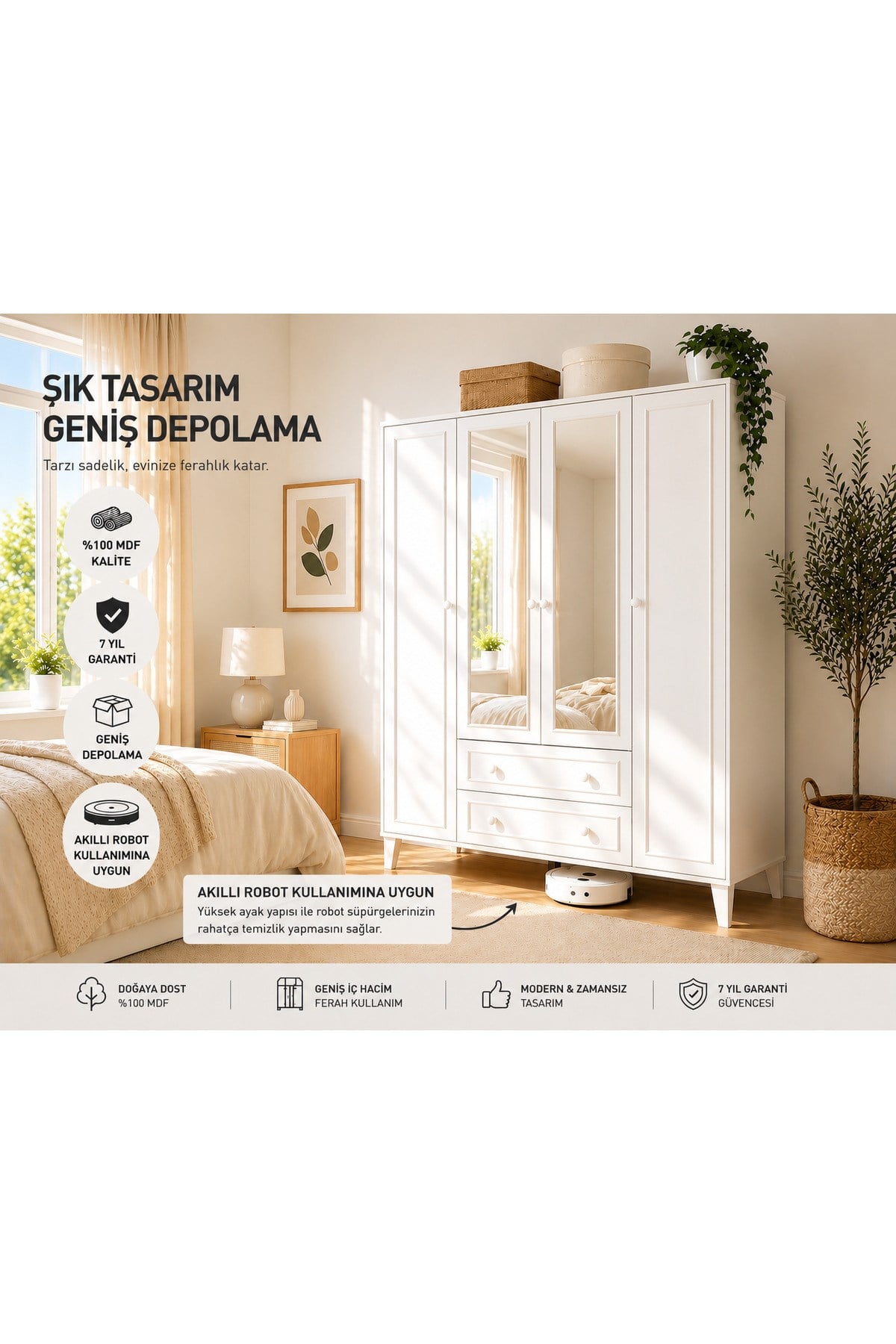 madrid 4 kapaklı,aynalı,10 raflı,2 çekmeceli dolap/gardırop (%100mdf)