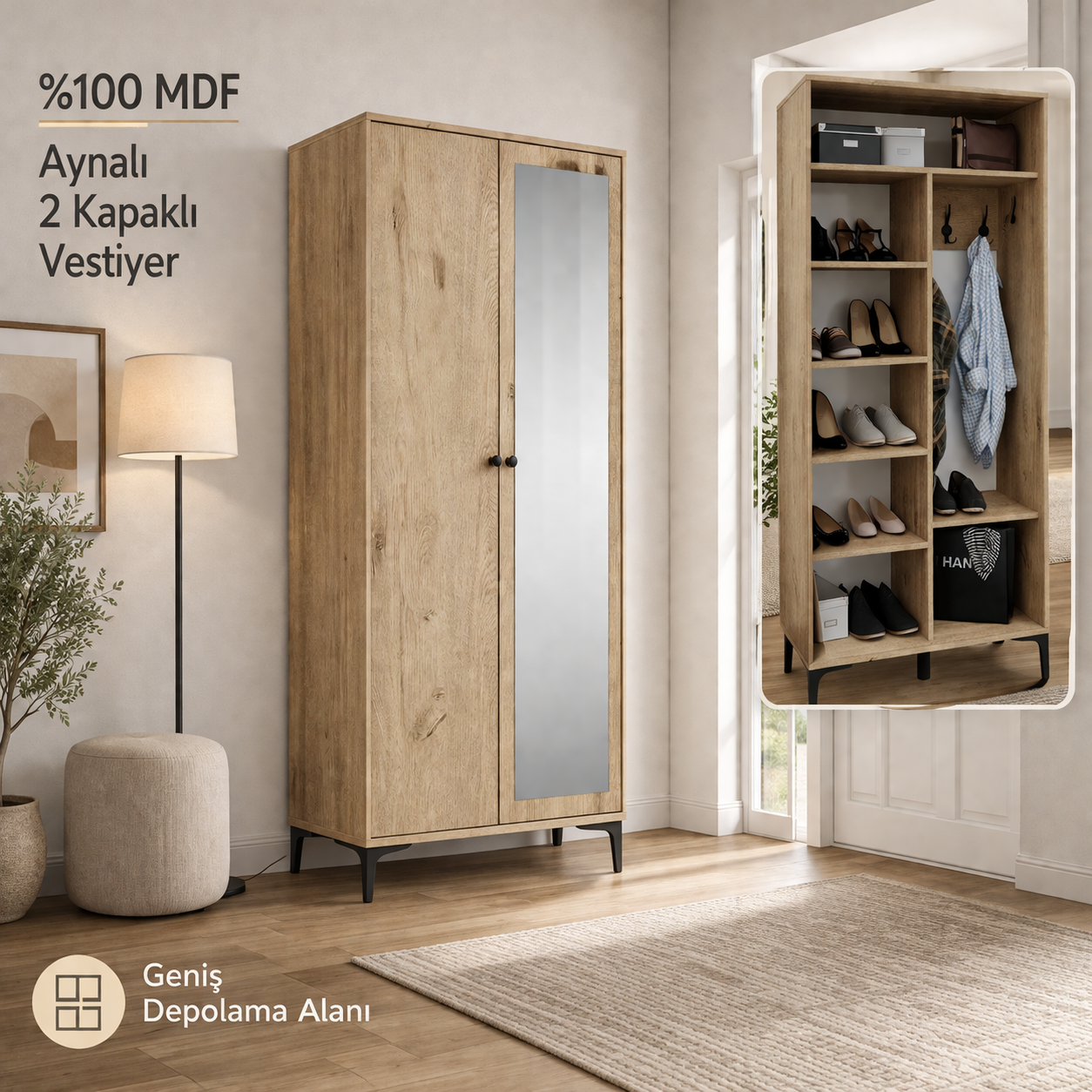 MASSİMO AYNALI VESTİYER/PORTMANTO MEŞE (%100MDF)