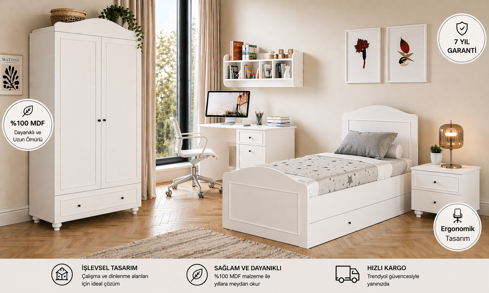 MONTES GENÇ ODASI - MONTES 2 KAPILI DOLAP, ROMANTİC ÇALIŞMA MASASI, MONTES YAVRULU KARYOLA 90x190, MONTES KOMODİN (%100MDF)