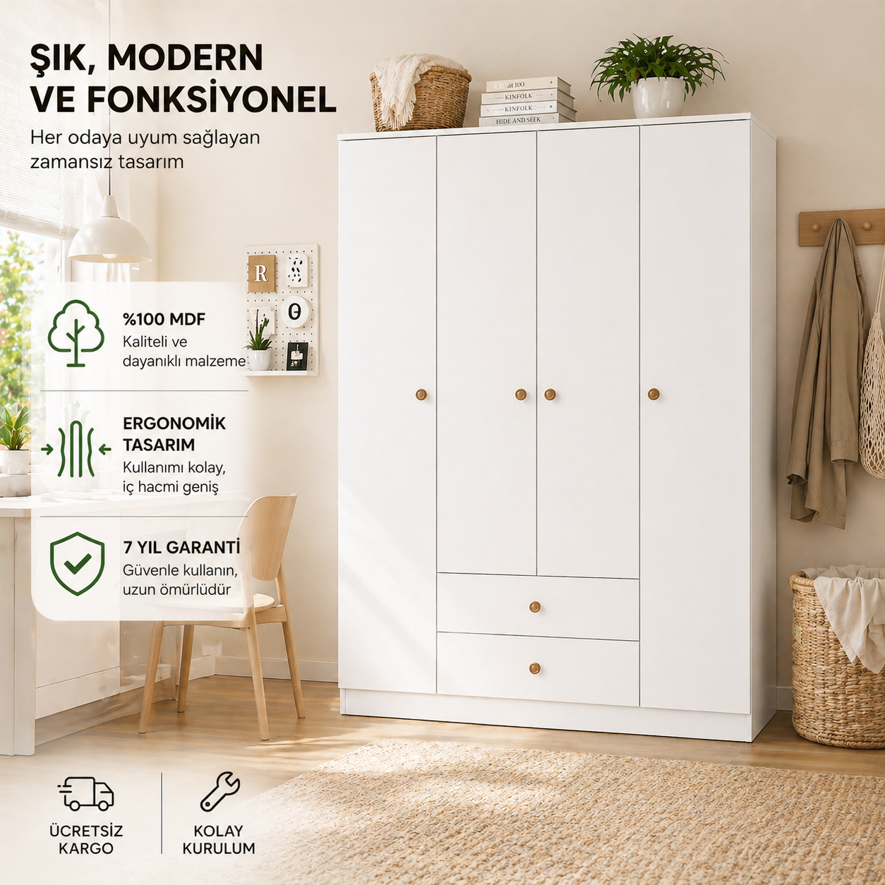 NOVA 4 KAPILI GARDIROP/DOLAP BEYAZ (%100MDF) 