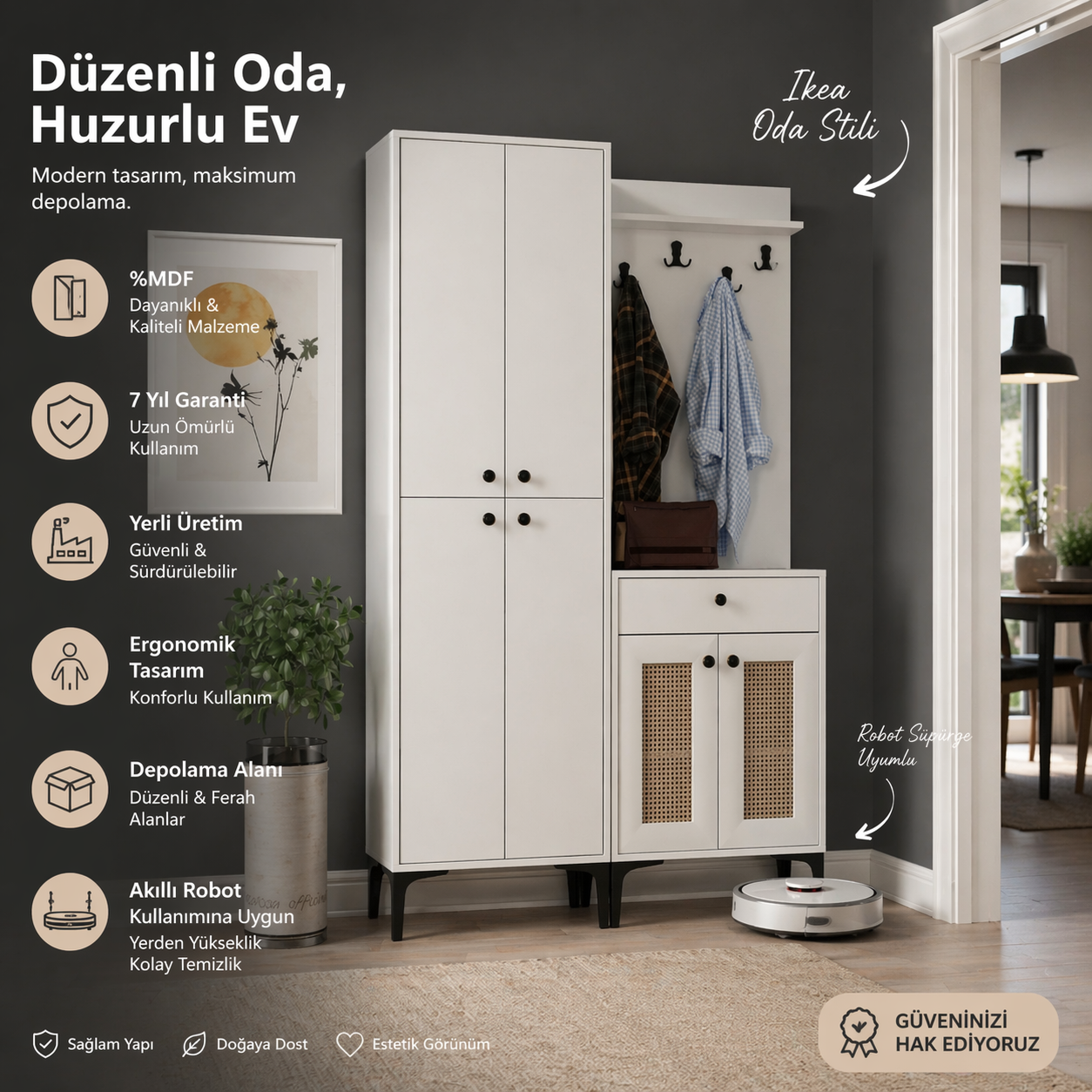 PARİS HASIRLI VESTİYER/PORTMANTO BEYAZ (%100MDF)