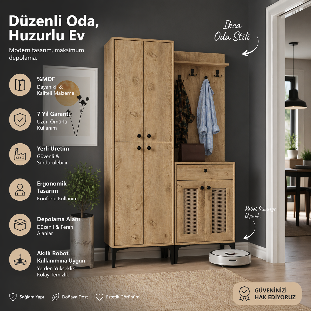 PARİS HASIRLI VESTİYER/PORTMANTO MEŞE (%100MDF)