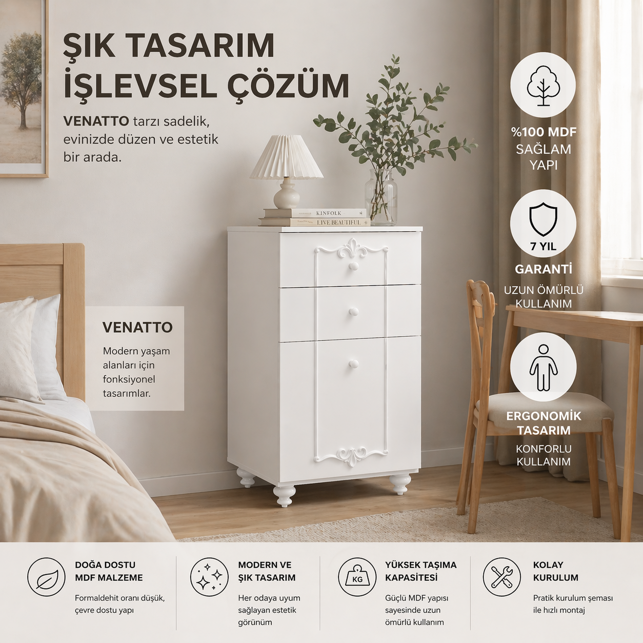 ROMANTİC 2 ÇEKMECELİ ŞİFONYER (%100MDF)