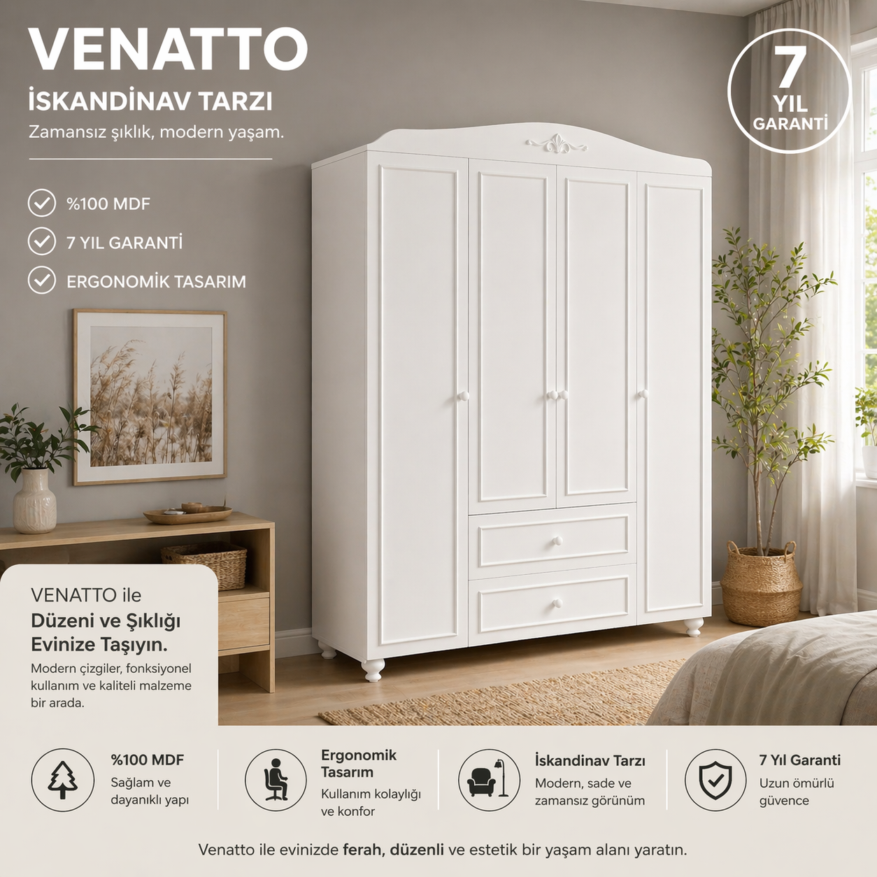 ROMANTİC 4 KAPILI DOLAP/GARDIROP (%100MDF)