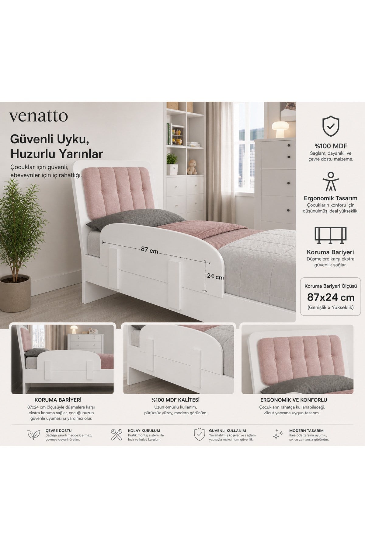 Romantic ,trio 18mm kalınlığa uyumlu MDF karyola korkuluk(87cmx24cm)çocuk güvenlik bariyeri(%100MDF)