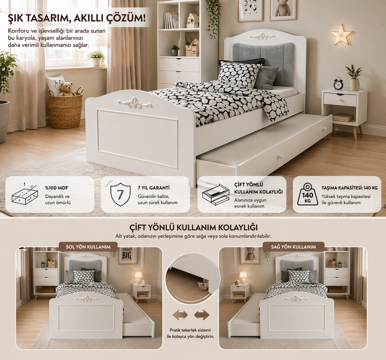 ROMANTİC YAVRULU KARYOLA 90X190 (%100MDF)