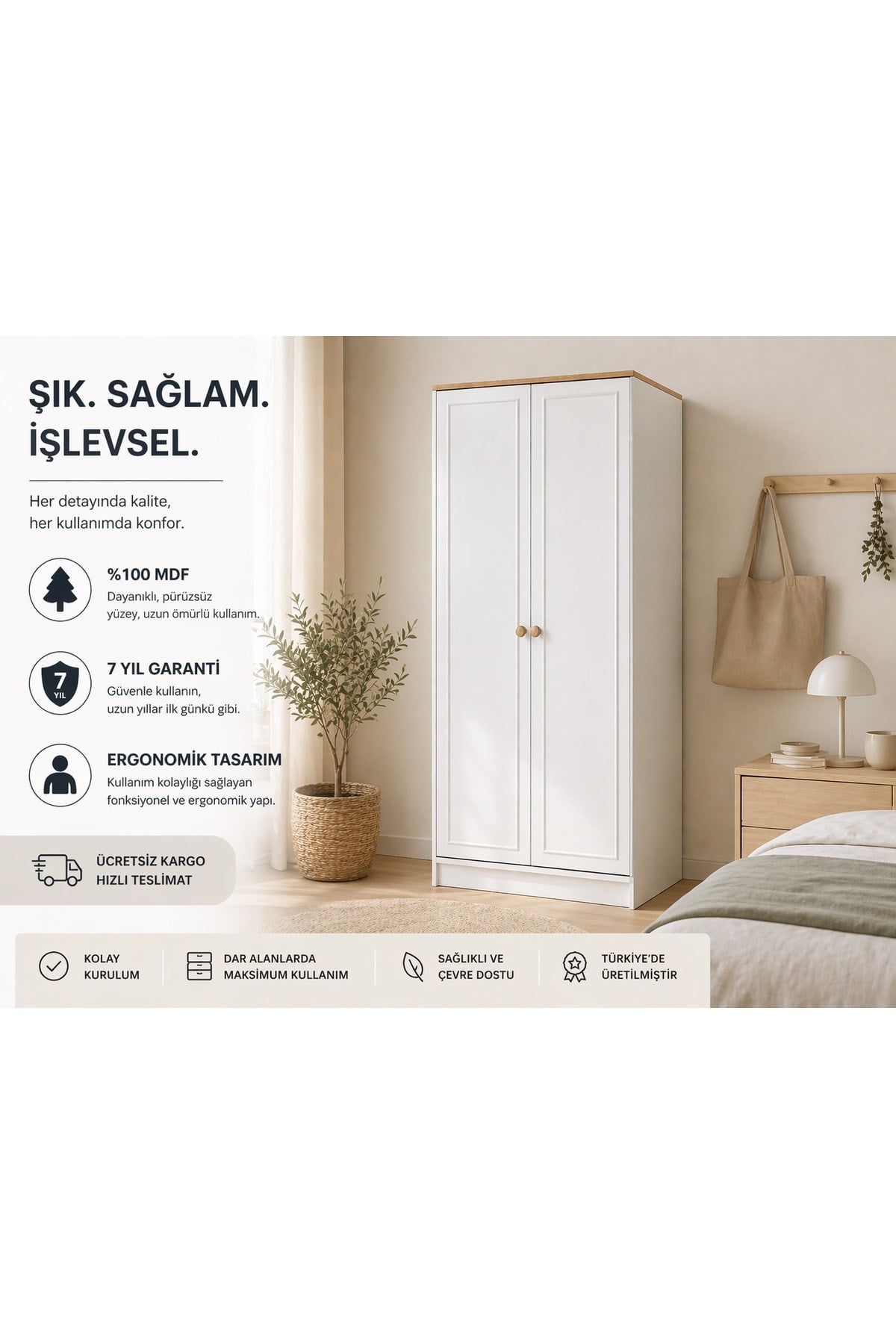 Smart 2 Kapılı Dolap(%100MDF)