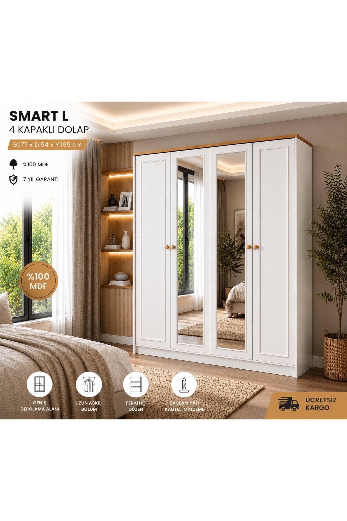 Smart 4 Kapılı Aynalı Gardrop/ Dolap(%100MDF)