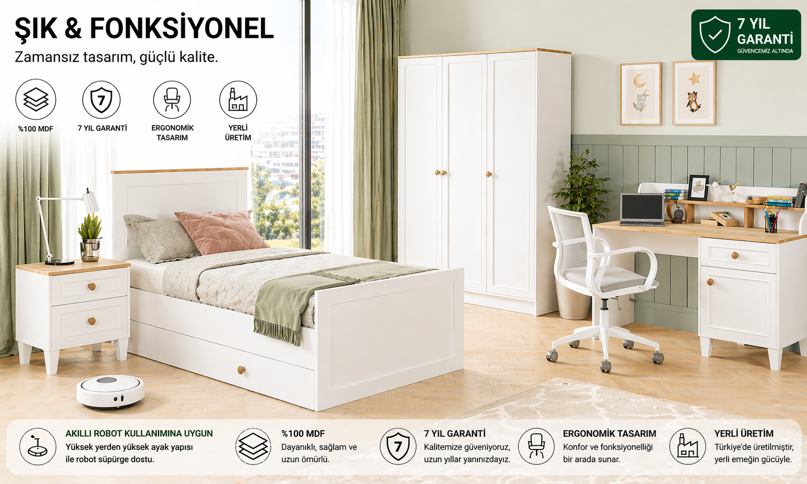 SMART L GENÇ ODASI - SMART 3 KAPILI DOLAP, SMART ÇALIŞMA MASASI, SMART KOMODİN, SMART YAVRULU KARYOLA 90X190 (%100MDF)