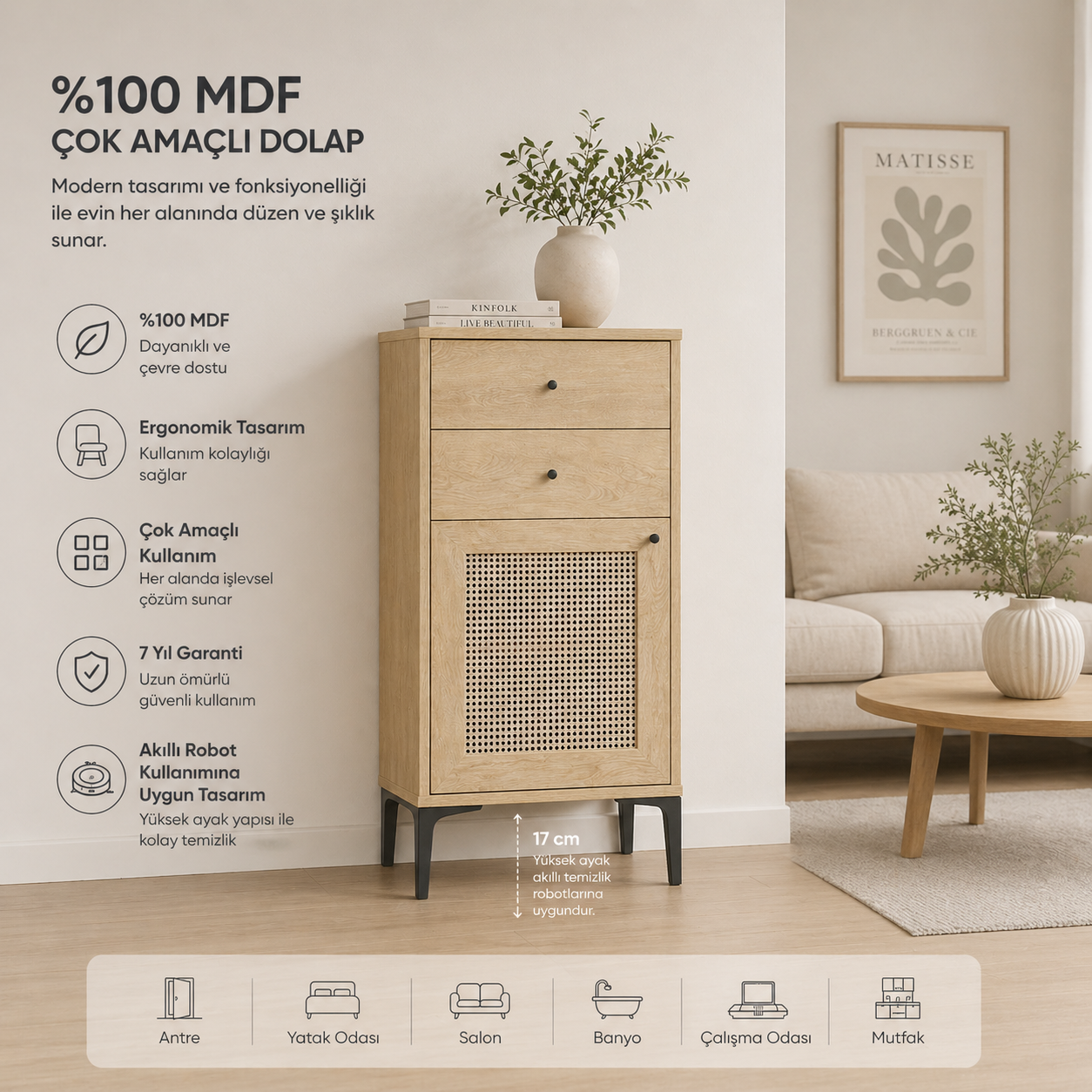 TRİO 2 ÇEKMECELİ ŞİFONYER MEŞE (%100MDF)