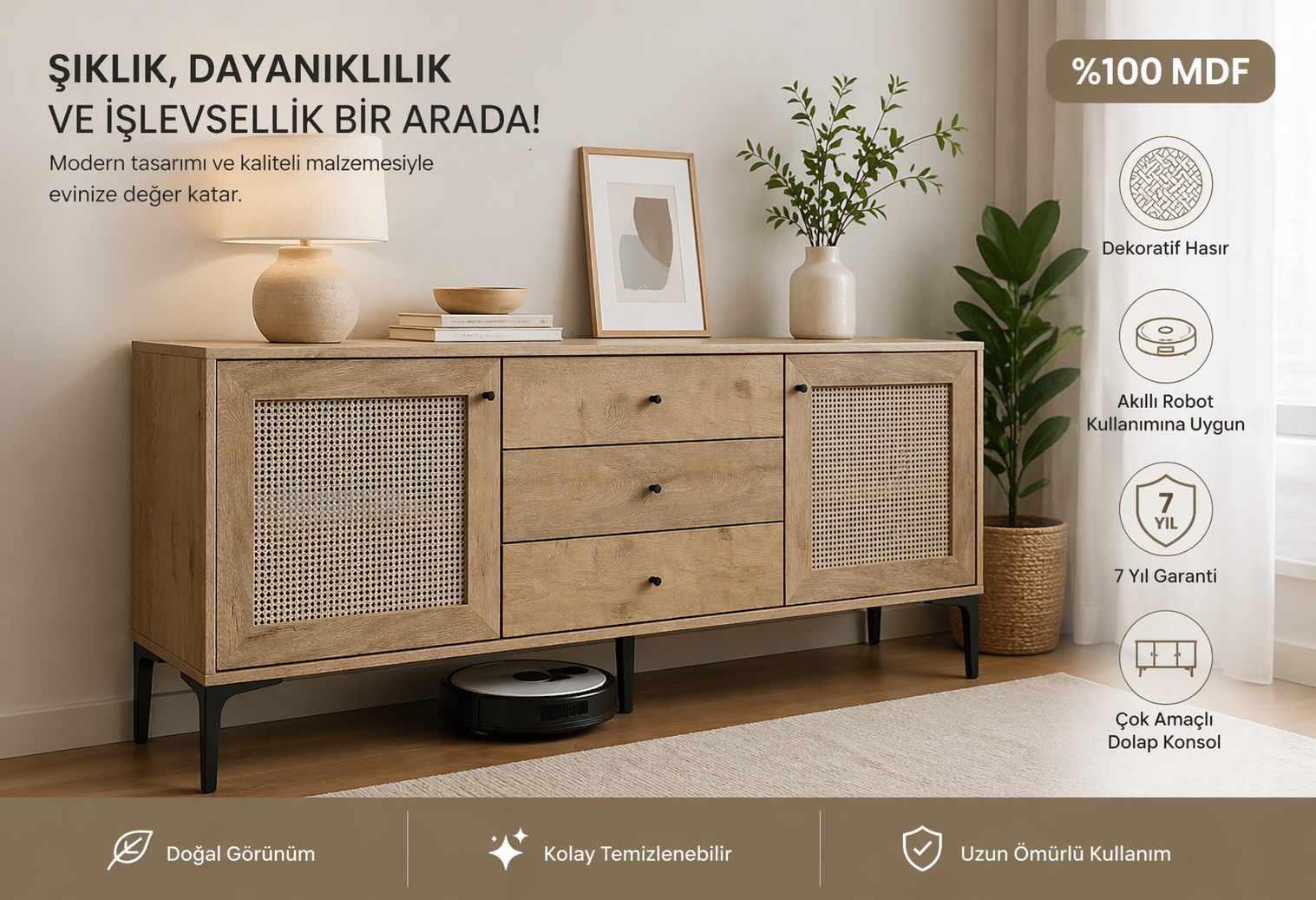 TRİO 3 ÇEKMECELİ KONSOL MEŞE (%100MDF)