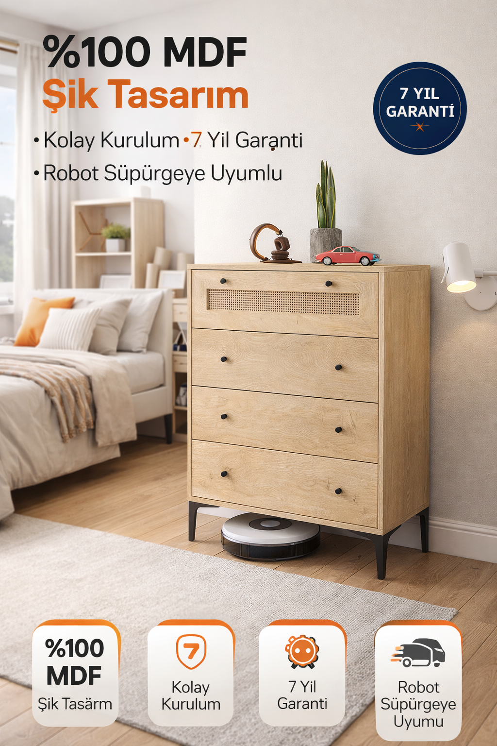 TRİO 4 ÇEKMECELİ HASIRLI ŞİFONYER (%100MDF)