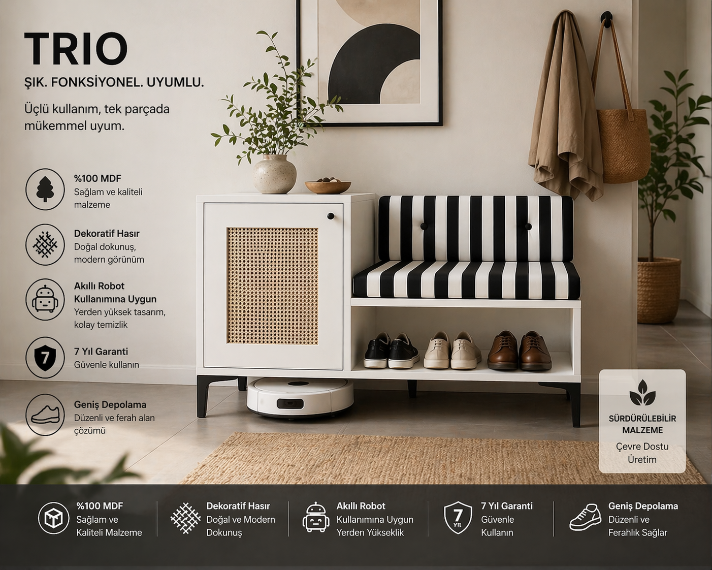 TRİO AYAKKABILIK BEYAZ (%100MDF)