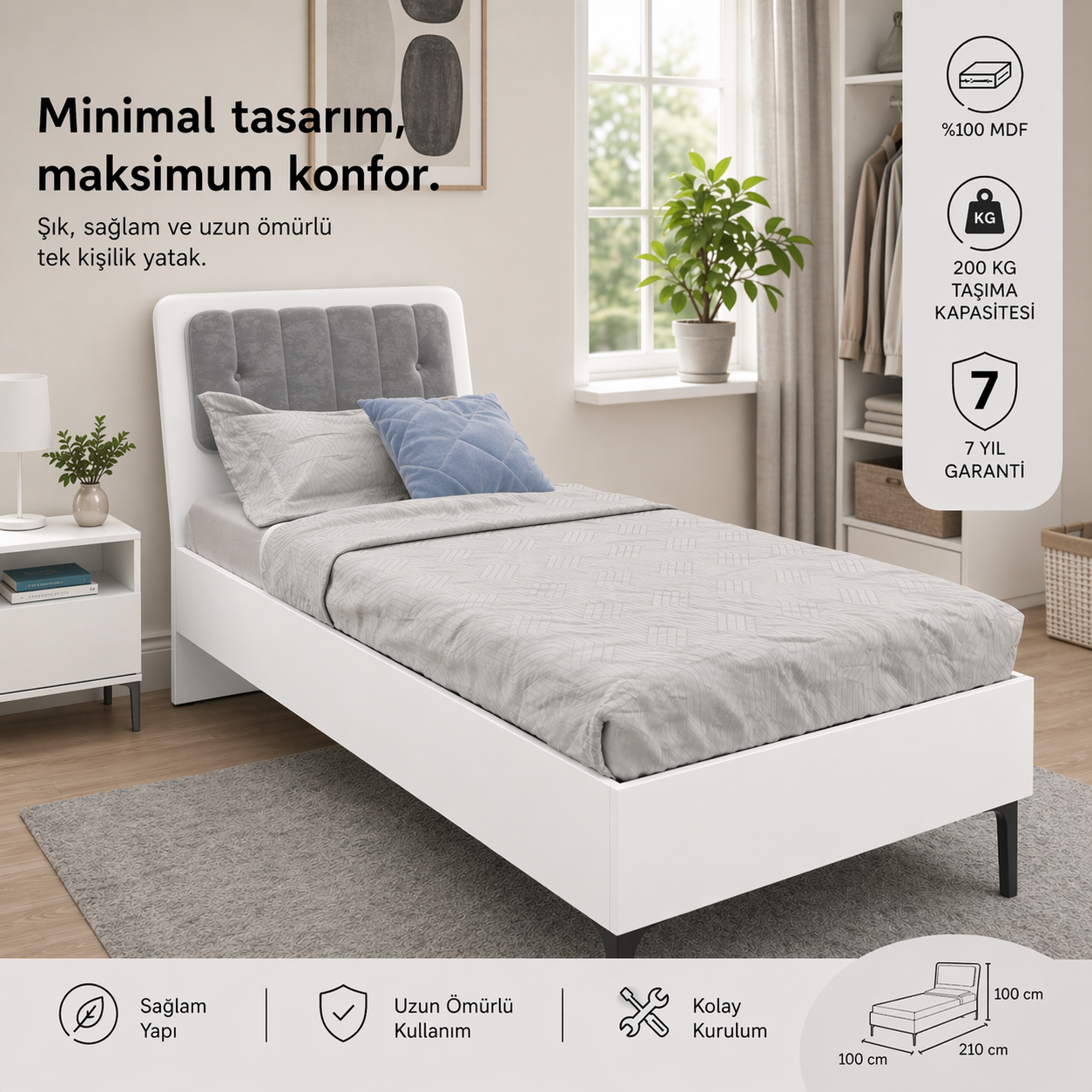 TRİO KARYOLA 100X200 BEYAZ (%100MDF)