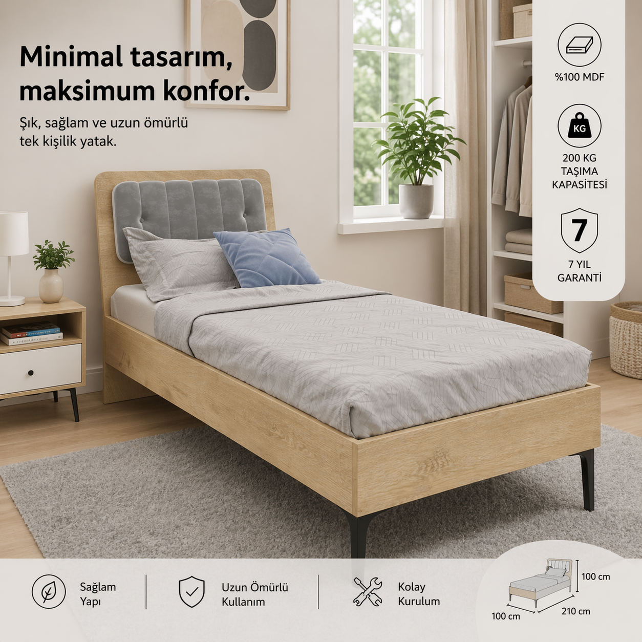 TRİO KARYOLA 100X200 MEŞE (%100MDF)