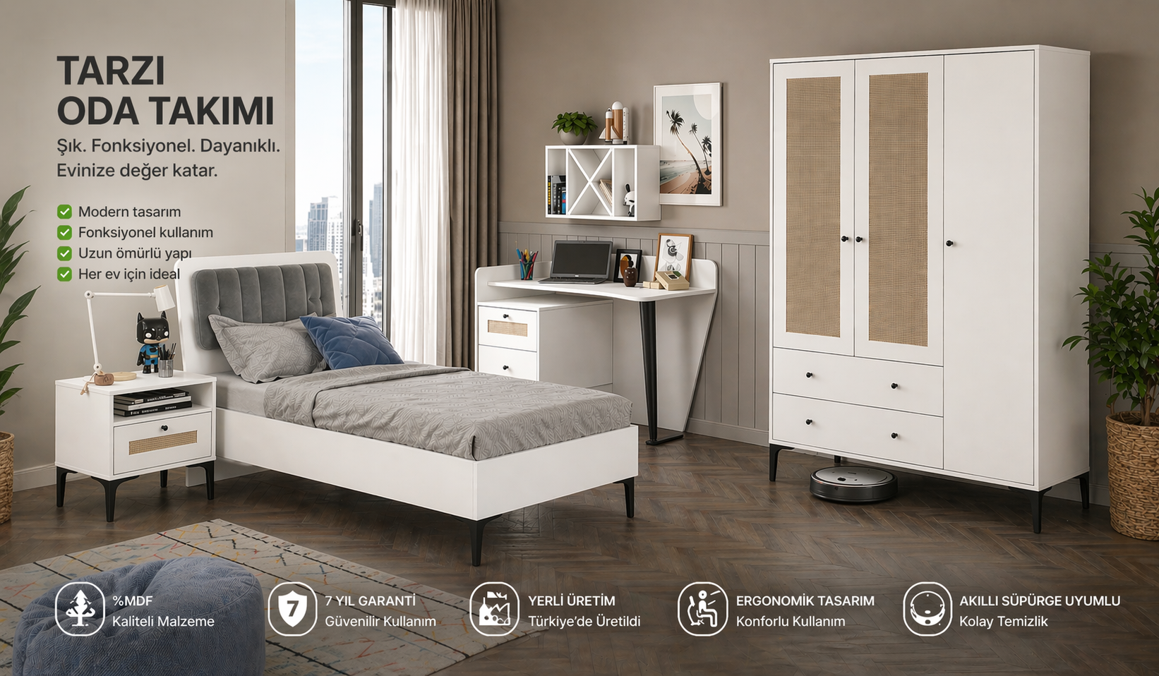 TRİO L GENÇ ODASI BEYAZ - TRİO 3 KAPILI DOLAP, TRİO ÇALIŞMA MASASI, TRİO KOMODİN, TRİO KARYOLA 90X190 (%100MDF)
