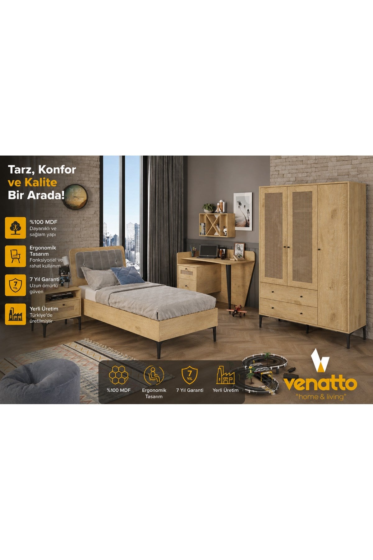 Trio L Genç Odası (MEŞE) (%100MDF)