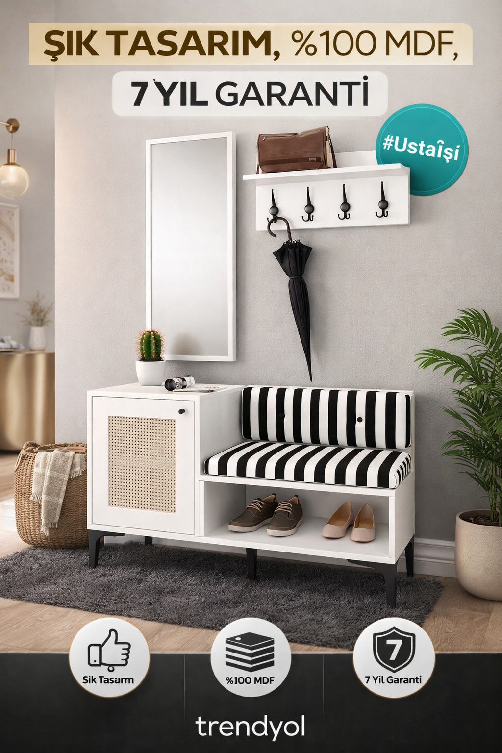TRİO LİFE PORTMANTO TAKIM BEYAZ - TRİO ASKILIK, TRİO AYNA, TRİO AYAKKABILIK (%100MDF)