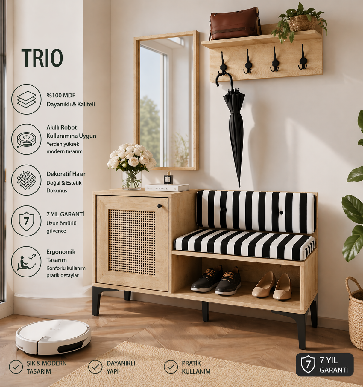 TRİO LİFE PORTMANTO TAKIM MEŞE - TRİO ASKILIK, TRİO AYNA, TRİO AYAKKABILIK(%100MDF)