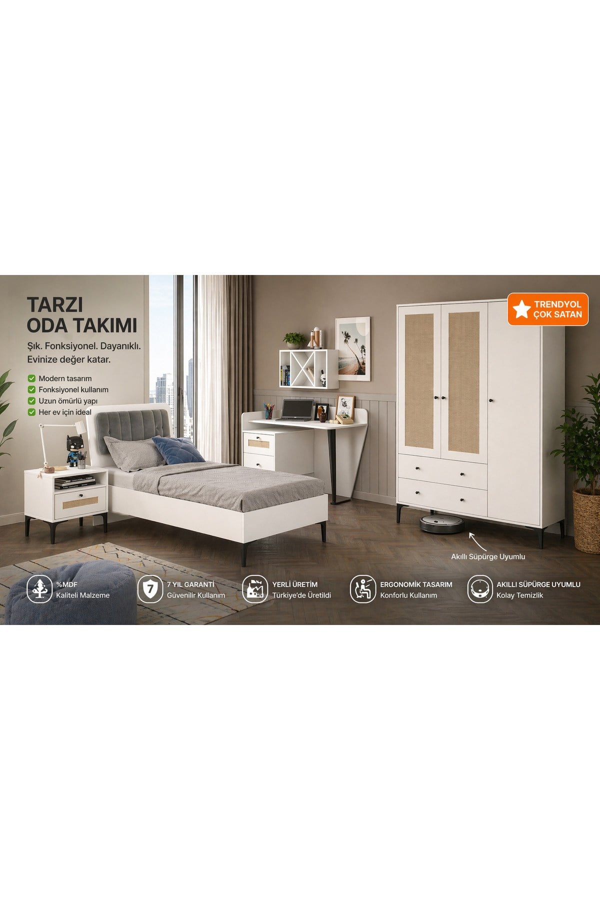 Trio White L Genç Odası Takımı(%100mdf)