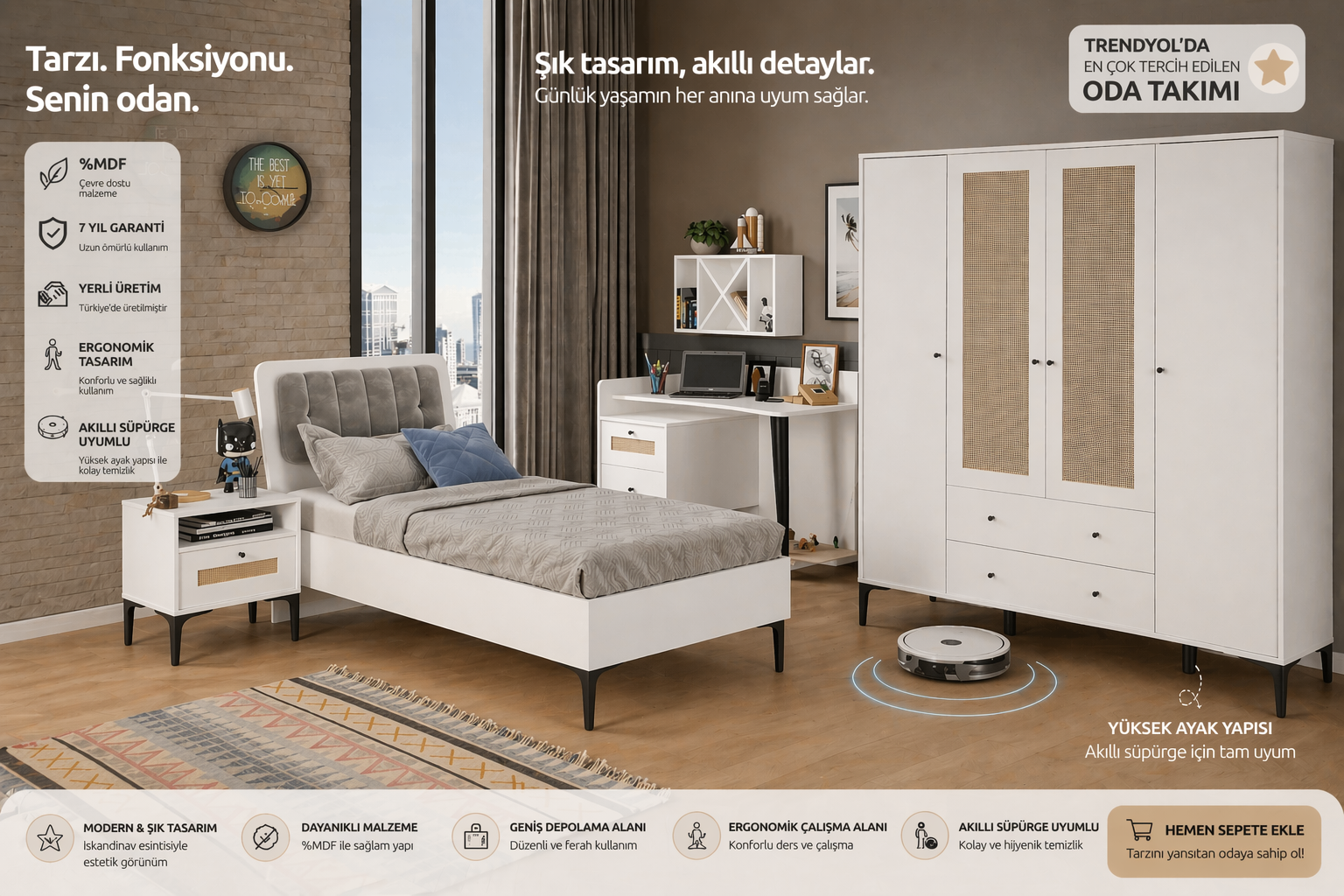 TRİO XL GENÇ ODASI BEYAZ - TRİO ÇALIŞMA MASASI, TRİO KARYOLA 100x200, TRİO KOMODİN, TRİO 4 KAPILI DOLAP (%100MDF)