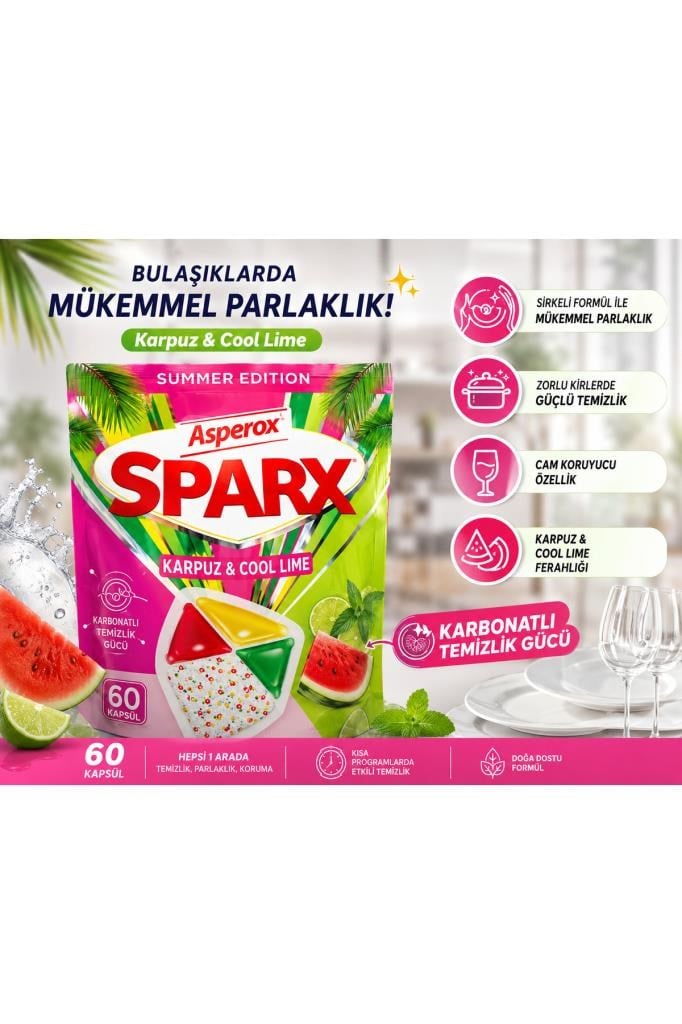 Asperox Sparx Bulaşık Makinesi Kapsülü 60’lı Summer Edition Karpuz & Cool Lime Kokulu – Karbonatlı Temizlik Gücü, Yağ Çözücü, Cam Koruma