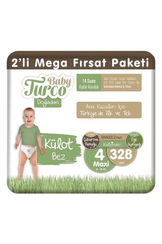 Baby Turco Doğadan 2li Mega Fırsat Paketi Külot Bez 4 Numara Maxi 328 Adet