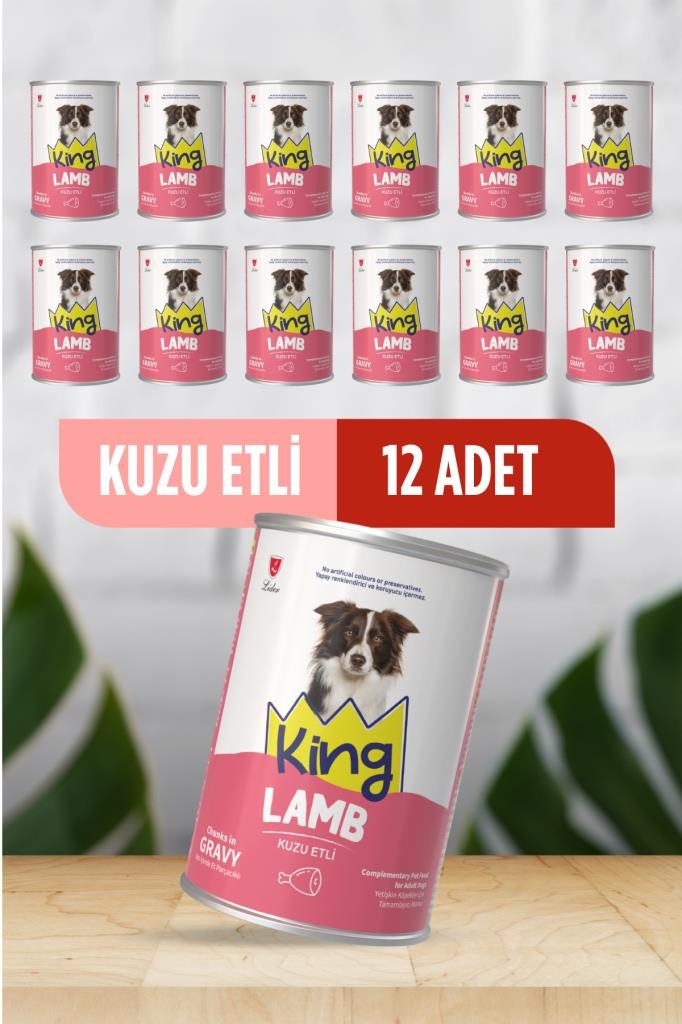 King Sos İçerisinde Et Parçacıklı Kuzu Etli Köpek Konservesi 400 G x 12 Adet