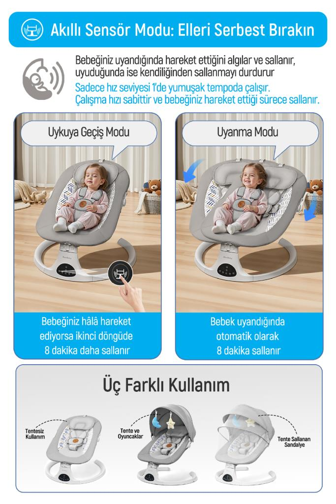 Livenzi Movibaby Hareket Sensörlü Otomatik Ana Kucağı-Grey