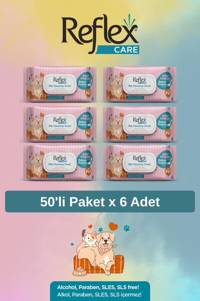 Reflex Care Evcil Hayvanlar İçin Çok Amaçlı Hijyenik Temizleme Mendili 50'li x 6 Adet
