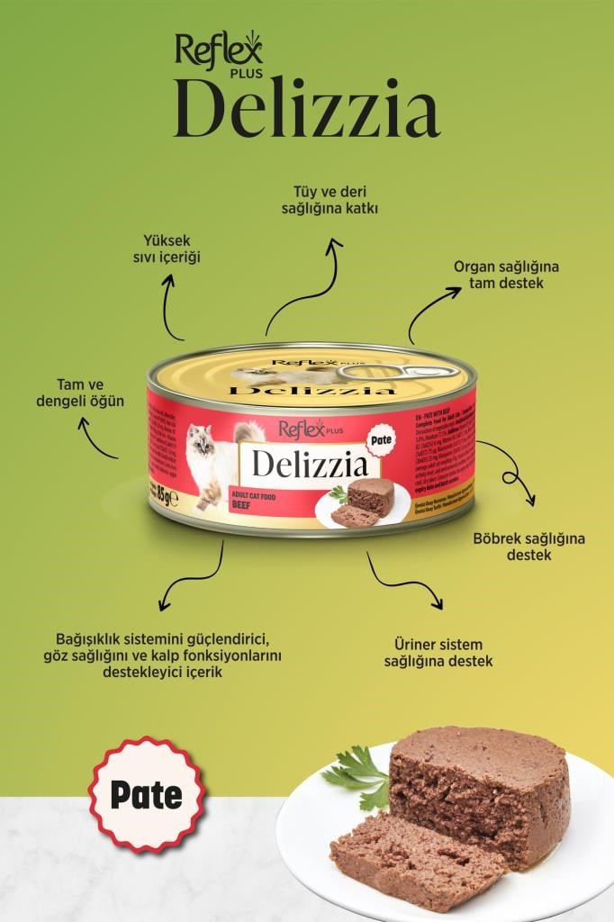 Reflex Plus Delizzia / Kıyılmış Dana Etli Yetişkin Kedi Maması 85g x 12 Adet