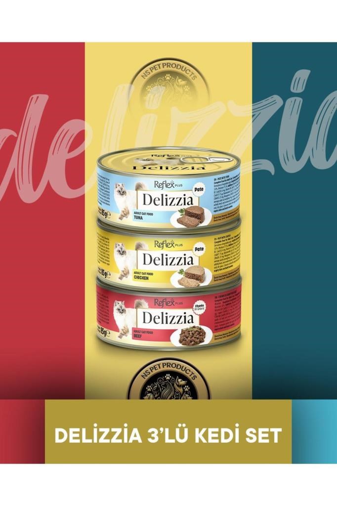 Reflex Plus Delizzia Ton Balıklı Pate & Tavuklu Pate & Dana Etli Gravy Yetişkin Kedi Maması Seti 3x8