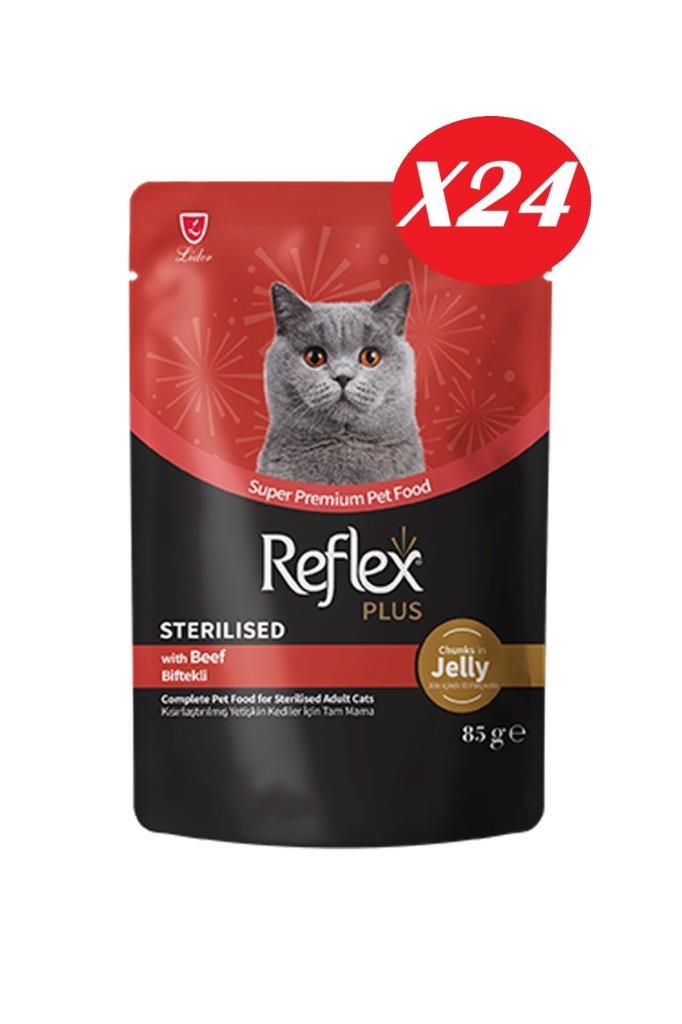 Reflex Plus Jöle İçinde Parça Biftek Etli Kısırlaştırılmış Kedi Yaş Maması 85 gr*24 Adet