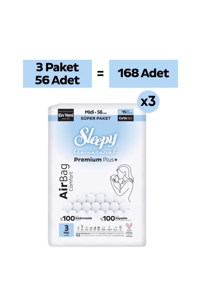Sleepy Bio Natural Premium Plus Airbag Comfort Mega Paket Bebek Bezi 3 Numara Midi 168 Adet