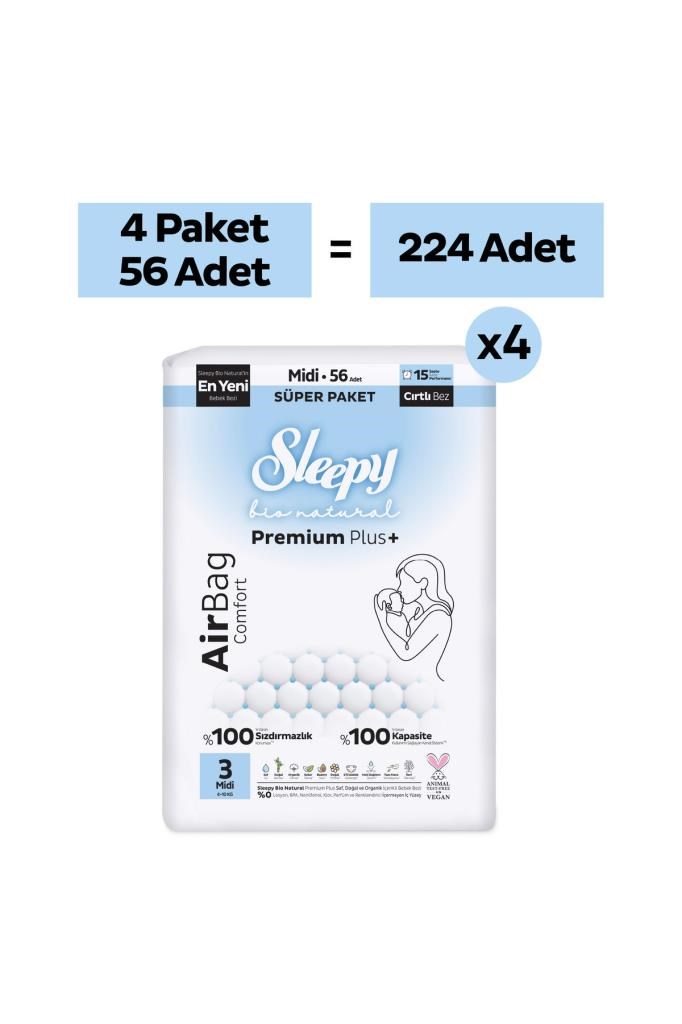 Sleepy Bio Natural Premium Plus Airbag Comfort Ultra Paket Bebek Bezi 3 Numara Midi 224 Adet