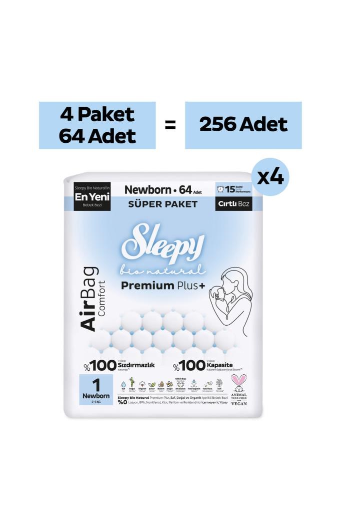 Sleepy Bio Natural Premium Plus Airbag Comfort Ultra Paket Bebek Bezi 1 Numara Newborn 256 Adet