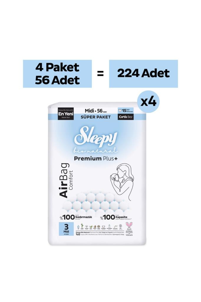 Sleepy Bio Natural Premium Plus Airbag Comfort Ultra Paket Bebek Bezi 3 Numara Midi 224 Adet