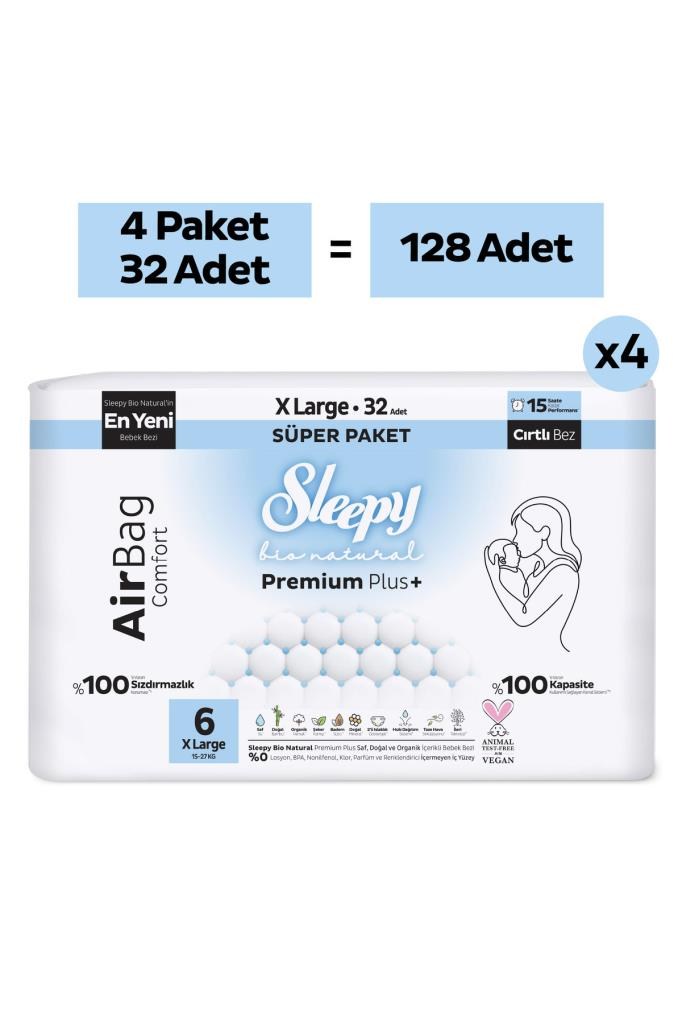 Sleepy Bio Natural Premium Plus Airbag Comfort Ultra Paket Bebek Bezi 6 Numara Xlarge 128 Adet