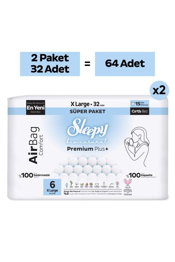 Sleepy Bio Natural Premium Plus Airbag Comfort Avantaj Paketi Bebek Bezi 6 Numara Xlarge 64 Adet