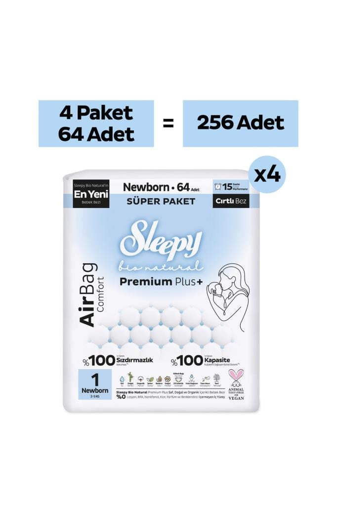 Sleepy Bio Natural Premium Plus Airbag Comfort Ultra Paket Bebek Bezi 1 Numara Newborn 256 Adet