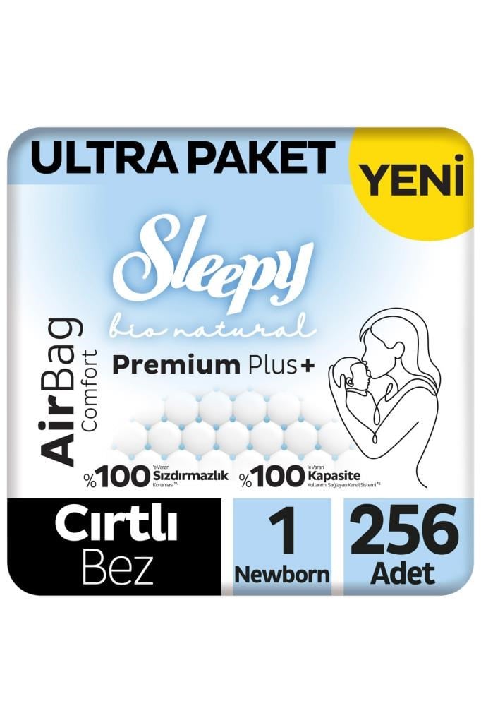 Sleepy Bio Natural Premium Plus Airbag Comfort Ultra Paket Bebek Bezi 1 Numara Newborn 256 Adet