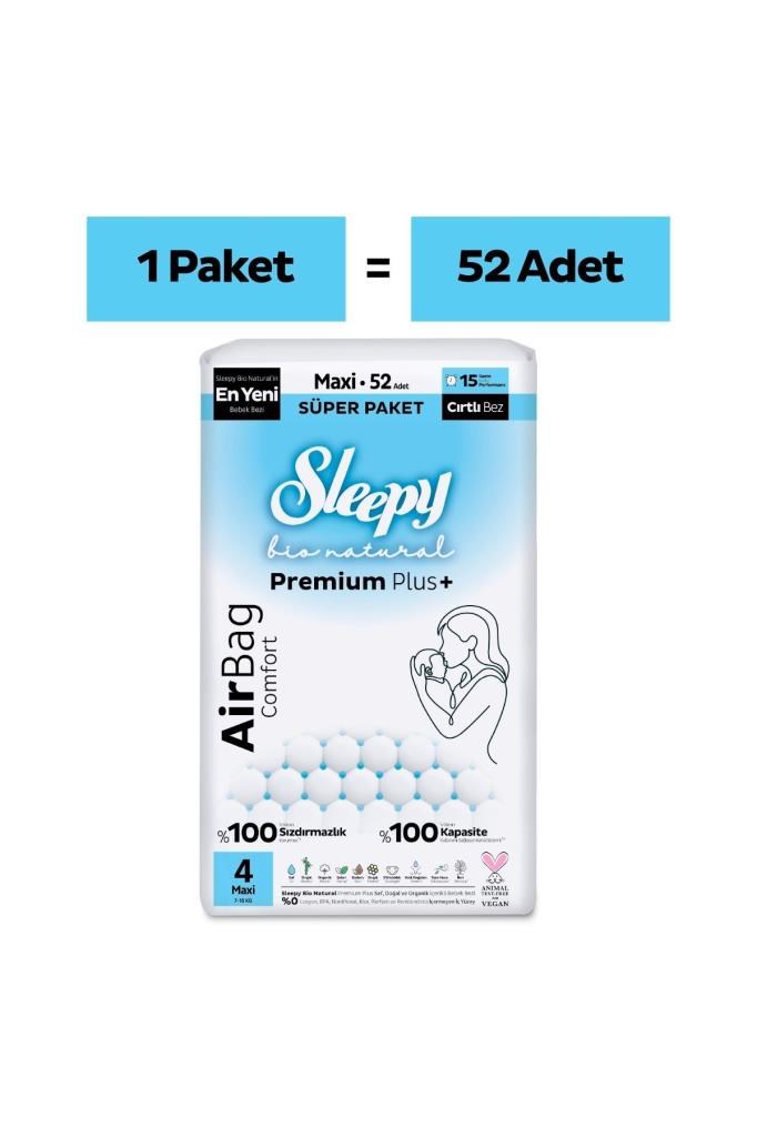Sleepy Bio Natural Premium Plus Airbag Comfort Süper Paket Bebek Bezi 4 Numara Maxi 52 Adet