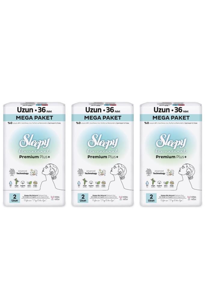 Sleepy Bio Natural Premium Plus Hijyenik Ped Mega Paket Uzun 36X3 (108 Adet)