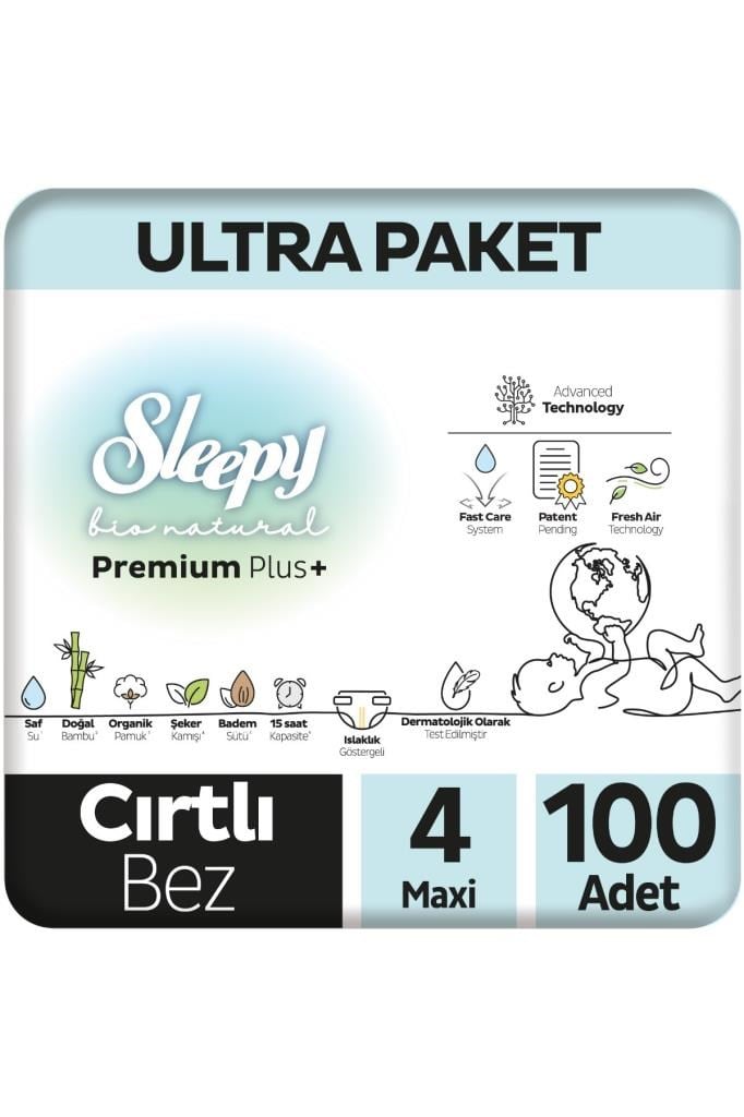 Sleepy Bio Natural Premium Plus Ultra Paket Bebek Bezi 4 Numara Maxi 100 Adet