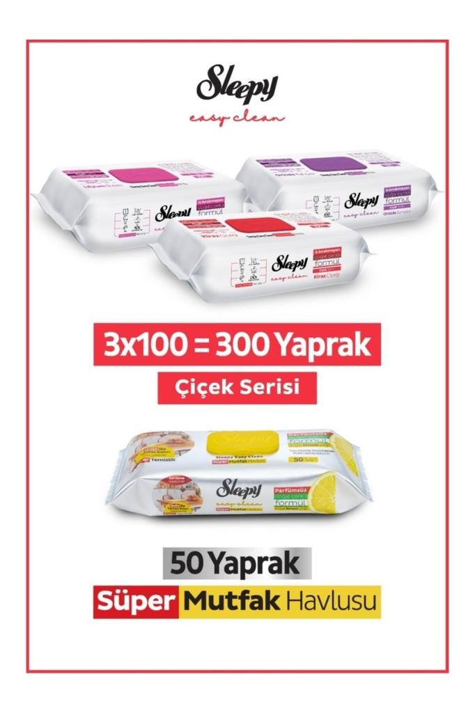 Sleepy Easy Clean Çiçek Serisi&Limon Yağlı Süper Mutfak Yüzey Temizlik Havlusu&Mendili(3x100+50)