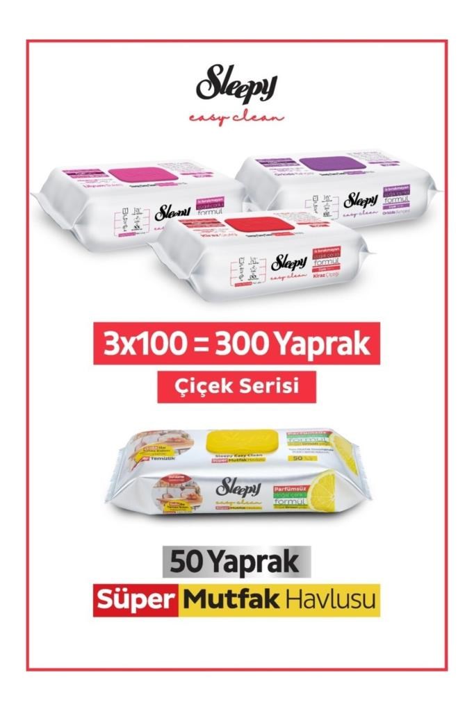 Sleepy Easy Clean Çiçek Serisi&Limon Yağlı Süper Mutfak Yüzey Temizlik Havlusu&Mendili(3x100+50)